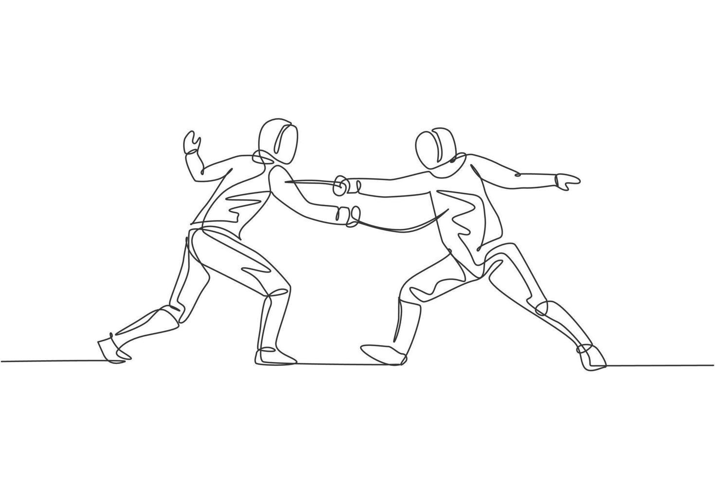 dessin en ligne continue unique de deux jeunes athlètes professionnelles d'escrime en masque d'escrime et duel de rapière à l'arène de gym. concept de compétition sportive de combat. illustration vectorielle de conception de dessin à une ligne à la mode vecteur