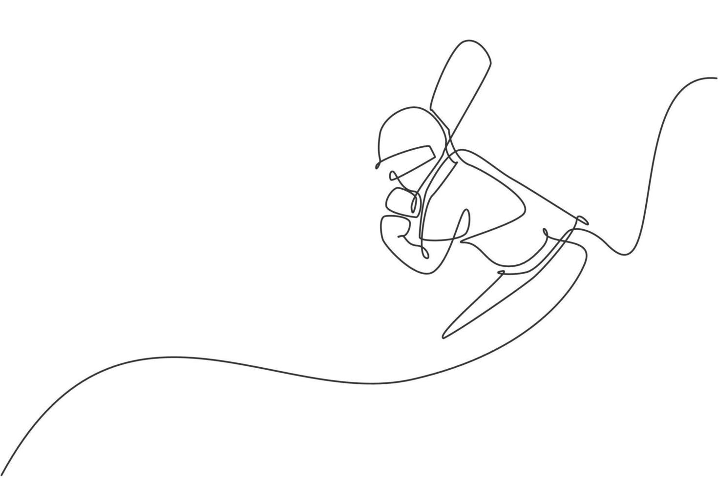 un dessin en ligne continu de la position du joueur de cricket jeune homme en bonne santé à l'illustration vectorielle du stade de terrain. concept de sport de compétition. conception dynamique de dessin à une seule ligne pour affiche publicitaire de cricket vecteur