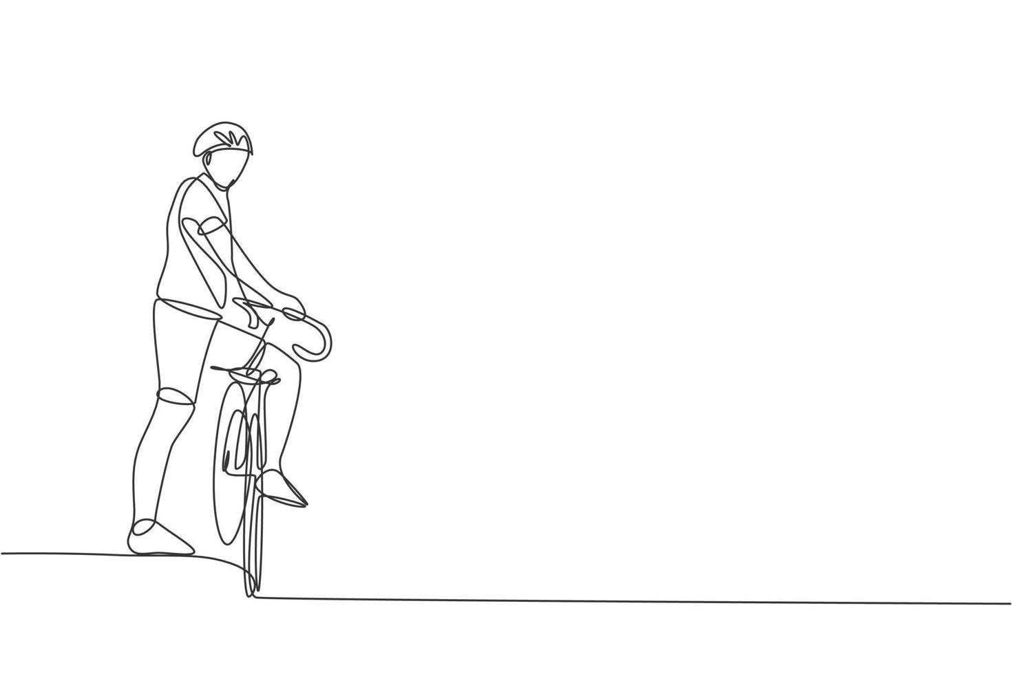 dessin en ligne continue d'un jeune cycliste agile attendant un ami au bord de la route. concept de style de vie sportif. illustration vectorielle de conception de dessin à une ligne à la mode pour les médias de promotion de course cycliste vecteur