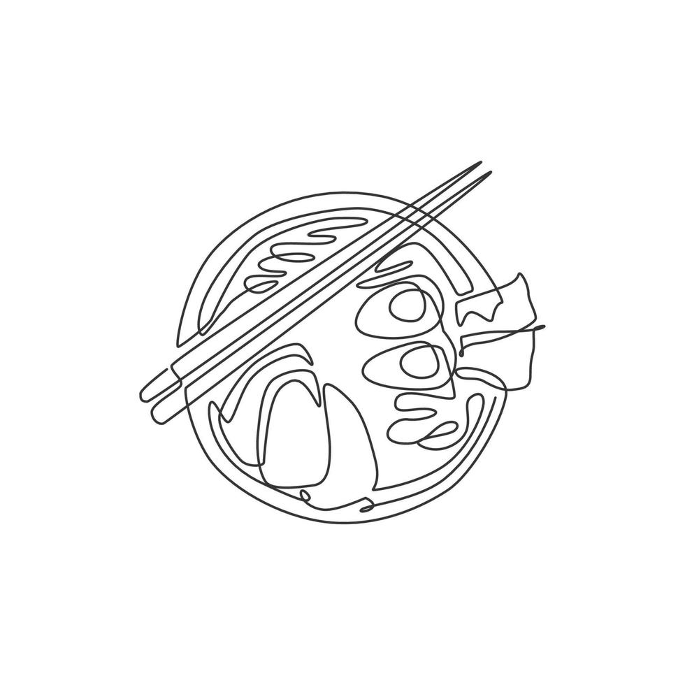 dessin en ligne continue unique de l'étiquette stylisée du logo ramen japonais, vue de dessus. concept de restaurant de nouilles de restauration rapide. illustration vectorielle de conception de dessin à une ligne moderne pour le café ou le service de livraison de nourriture vecteur