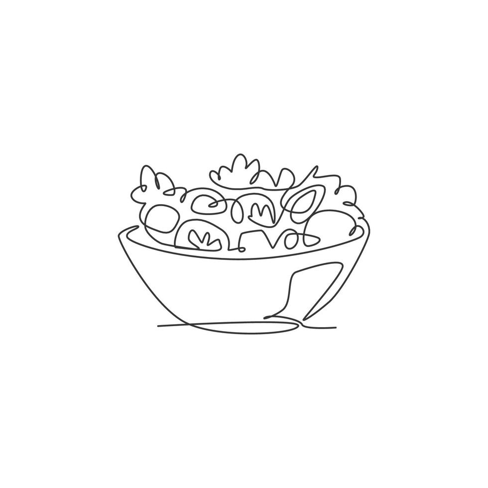 dessin en ligne continue d'une salade de légumes stylisée sur l'étiquette du logo du bol. concept de restaurant d'aliments sains. illustration vectorielle de conception de dessin à une ligne moderne pour un café, un magasin ou un service de livraison de nourriture vecteur