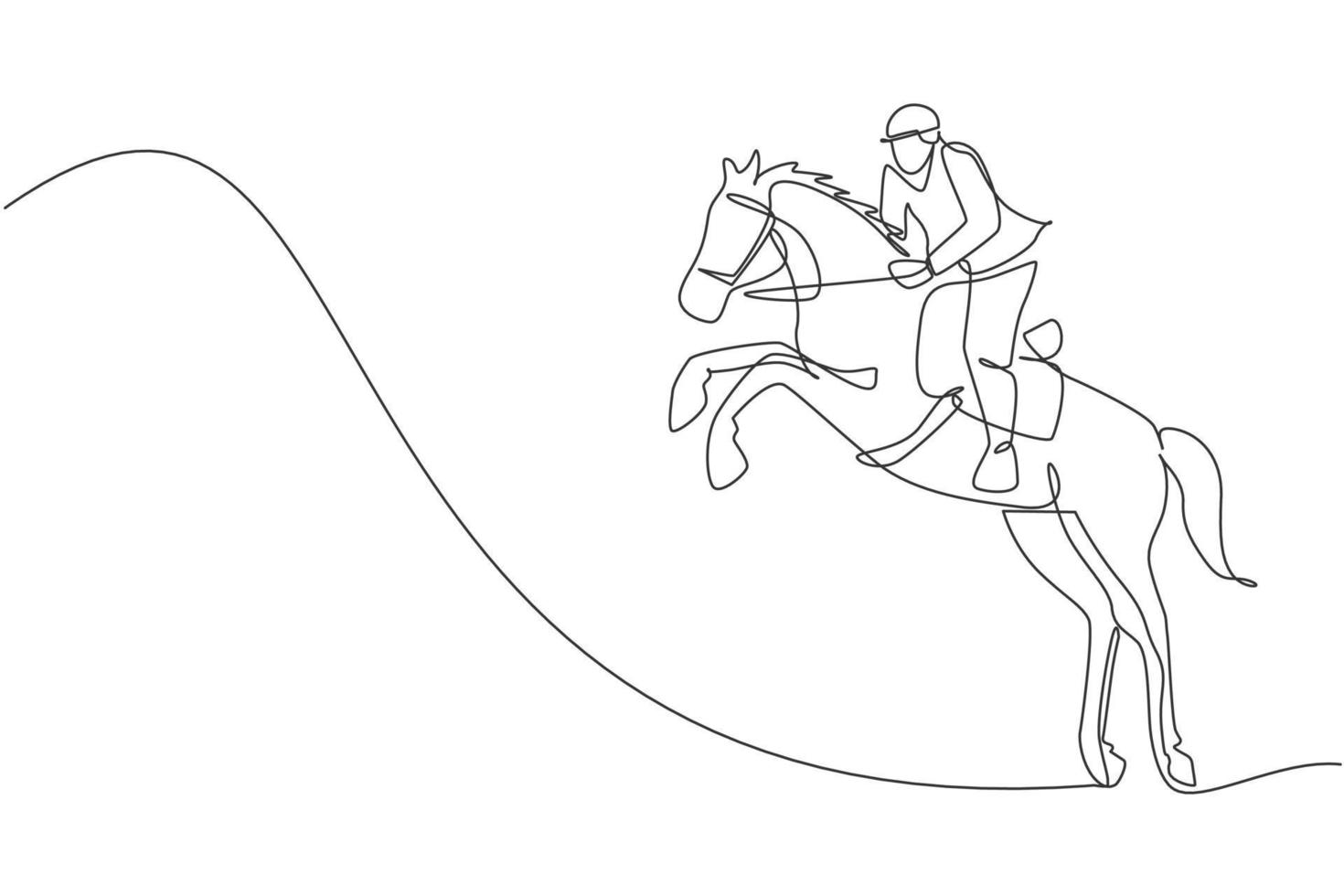 une ligne continue dessinant un jeune cavalier en action de saut. entraînement équin sur piste de course. concept de compétition de sport équestre. graphique d'illustration vectorielle de conception de dessin à une seule ligne dynamique vecteur