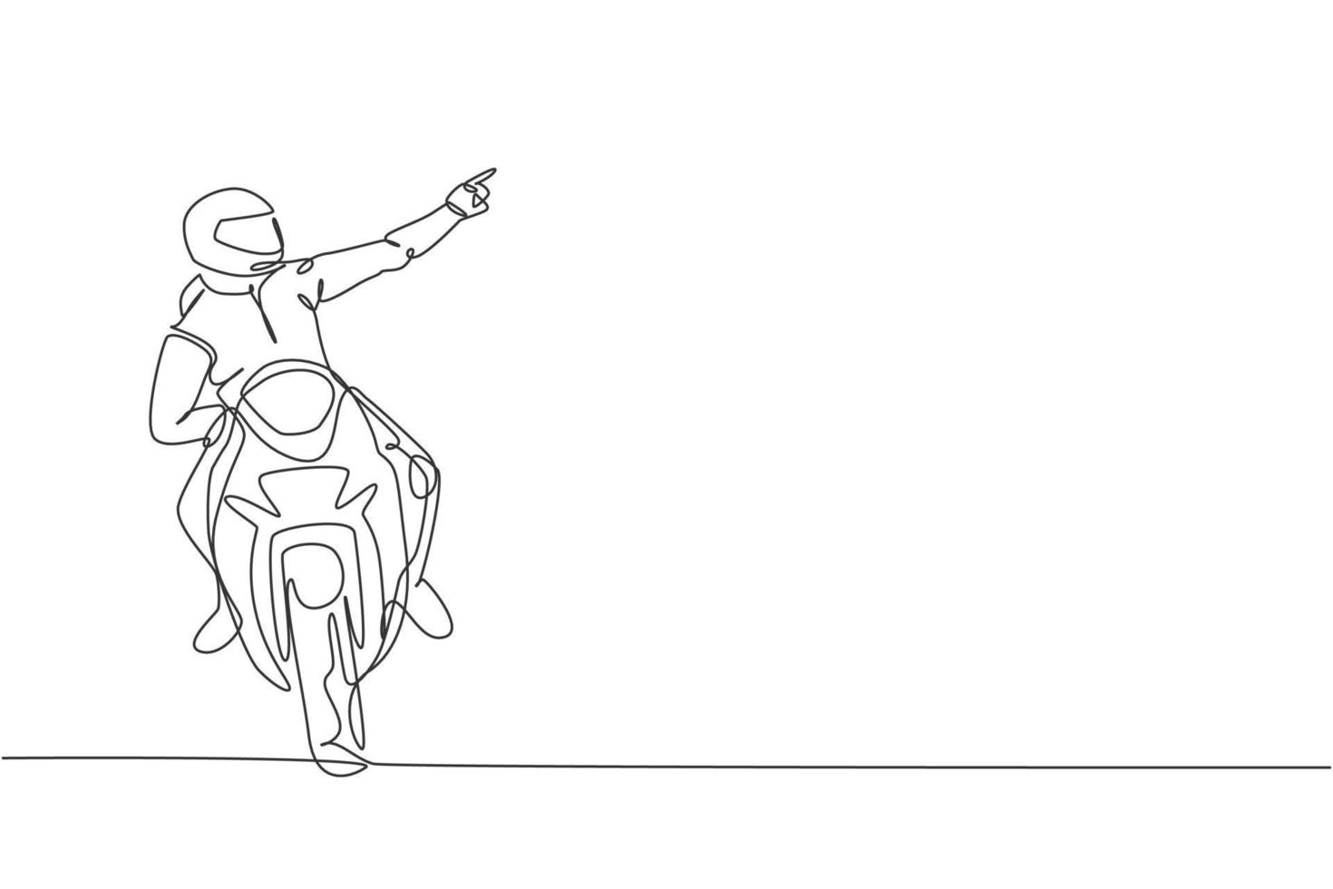 dessin en ligne continue d'un jeune coureur de superbike pointant le doigt vers les spectateurs. concept de tournoi de moto. illustration vectorielle de conception de dessin à une ligne à la mode pour les médias de promotion de course de moto vecteur