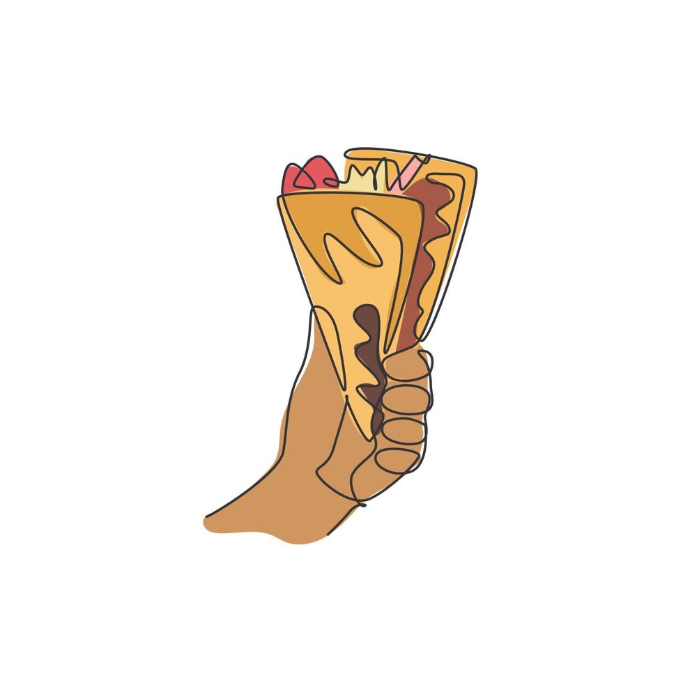 dessin en ligne continue unique de l'étiquette stylisée du logo de délicieuses crêpes croustillantes. concept de restaurant snack sucré. illustration graphique vectorielle de dessin d'une ligne moderne pour magasin d'alimentation de rue vecteur