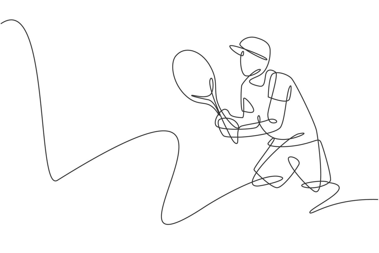 un dessin en ligne continu d'un jeune joueur de tennis masculin se concentrant pour attendre la balle de l'adversaire. concept de sport de compétition. illustration vectorielle dynamique de conception de dessin à une seule ligne pour l'affiche du tournoi vecteur