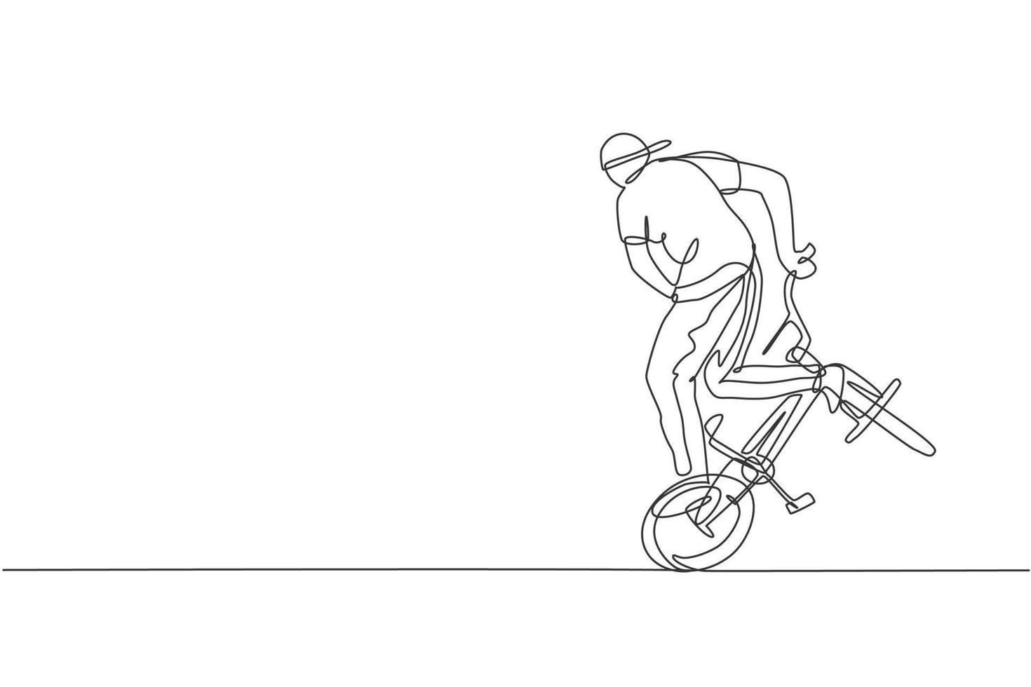 un seul dessin au trait d'un jeune cycliste bmx effectuant un tour de style libre sur l'illustration vectorielle de la rue. concept de sport extrême. conception de dessin en ligne continue moderne pour la bannière de compétition de style libre vecteur