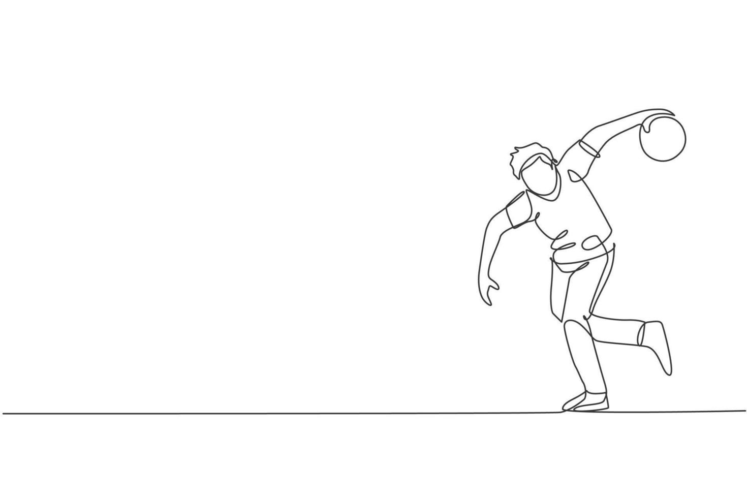 dessin en ligne continue d'un jeune joueur de bowling heureux qui lance une boule de bowling pour frapper les quilles. faire du sport passe-temps au concept de temps libre. graphique d'illustration vectorielle de conception de dessin à une ligne à la mode vecteur
