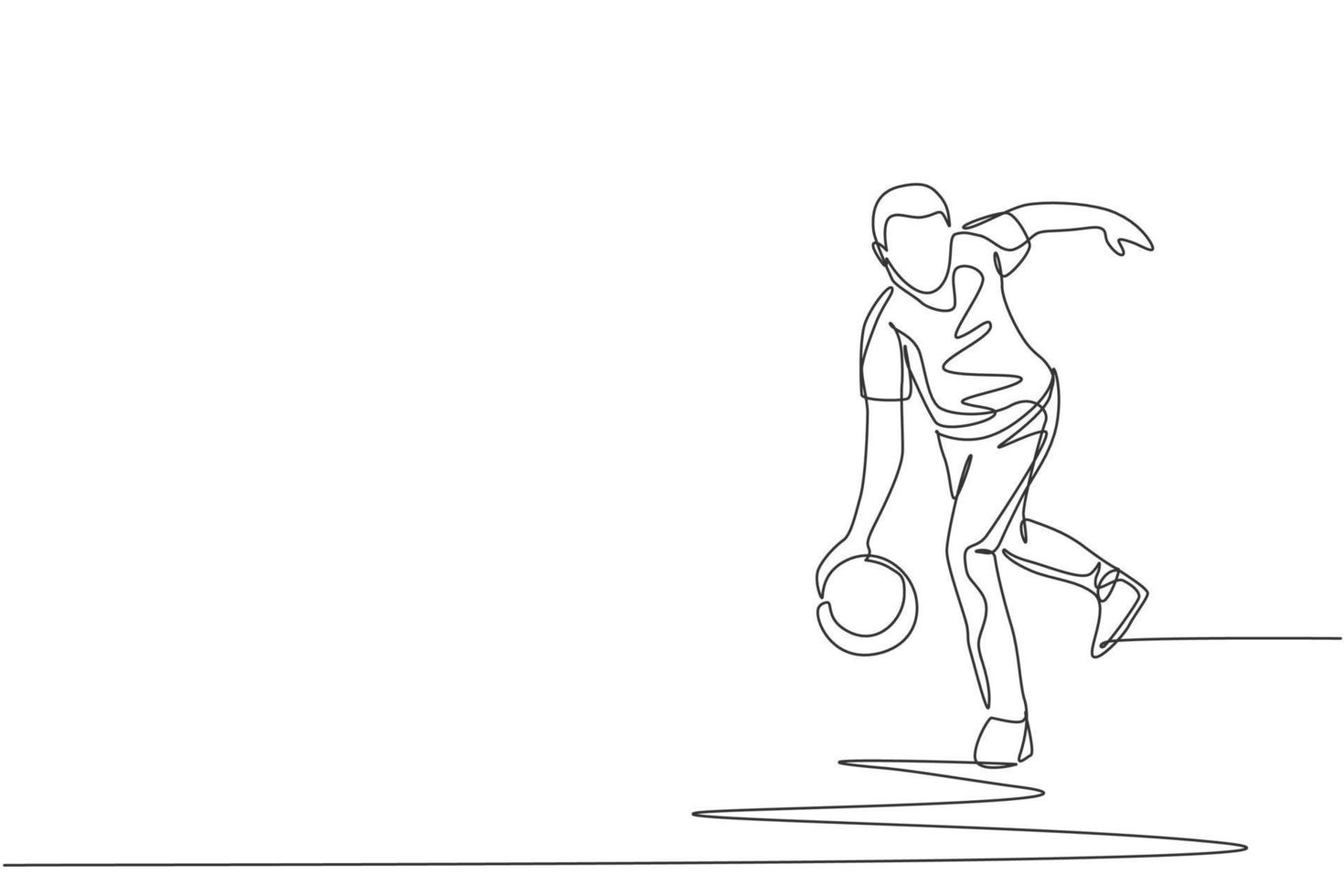 un seul dessin au trait d'un jeune joueur de bowling talentueux qui lance une balle pour frapper l'illustration vectorielle graphique de quilles de bowling. concept de mode de vie et de sport de personnes en bonne santé. conception moderne de dessin en ligne continue vecteur