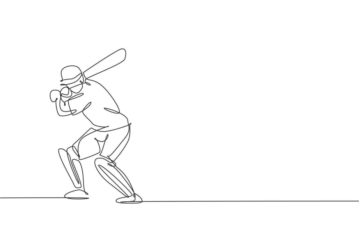 un seul dessin au trait d'un jeune homme énergique position de joueur de cricket debout pour pratiquer l'illustration vectorielle de balle frappée. notion sportive. conception de dessin en ligne continue moderne pour la bannière de compétition de cricket vecteur