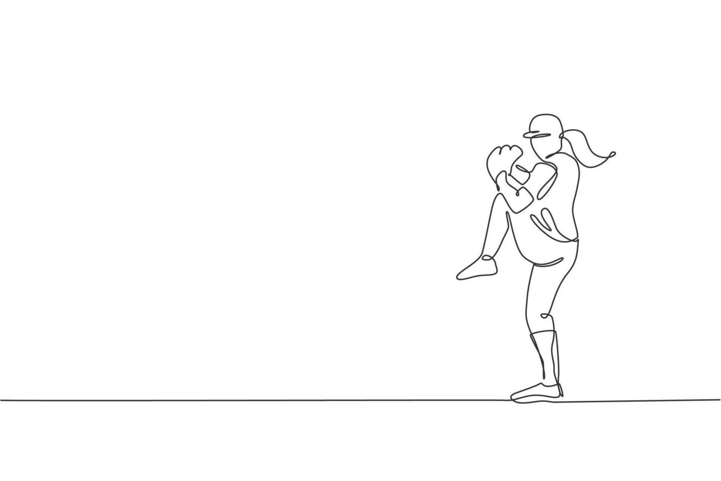 dessin en ligne continue d'une jeune femme agile joueuse de baseball s'entraînant à lancer la balle. concept d'exercice sportif. illustration vectorielle de dessin à la mode sur une ligne pour les médias de promotion du baseball vecteur