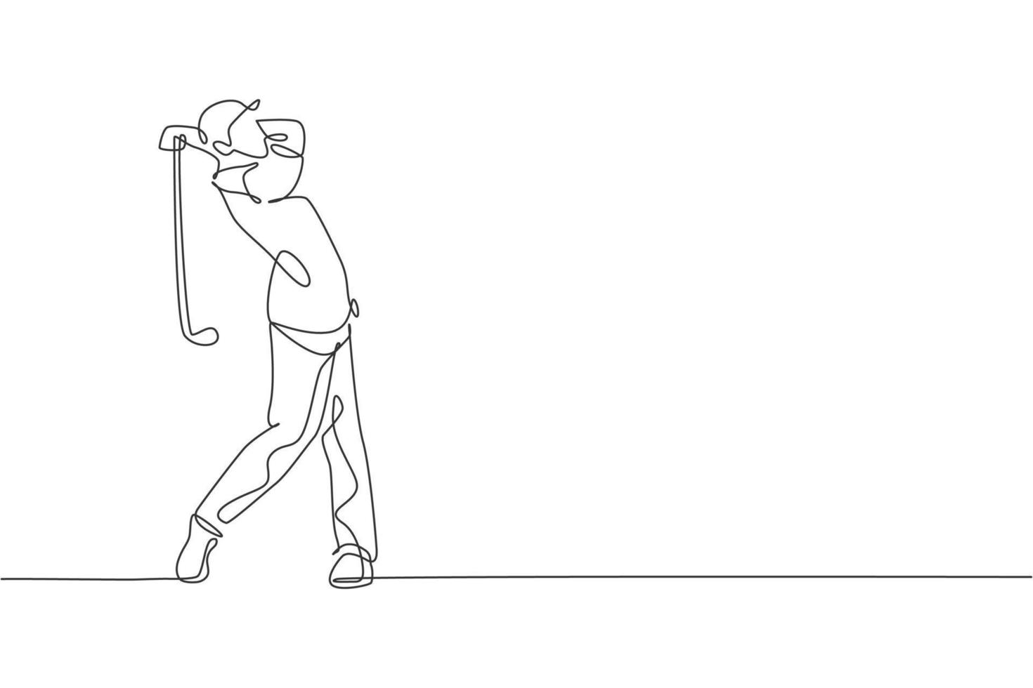 dessin en ligne continue d'un jeune joueur de golf heureux balancer le club de golf pour frapper la balle. concept de sport passe-temps. illustration vectorielle de dessin à la mode à une ligne pour les médias de promotion de tournoi de golf vecteur