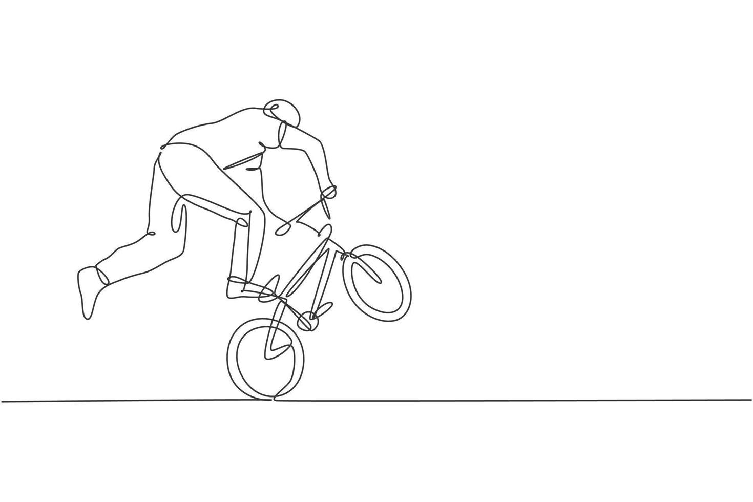 le dessin en ligne continue d'un jeune cycliste bmx montre une astuce extrêmement risquée dans le skatepark. concept de bmx freestyle. illustration vectorielle de dessin à la mode à une ligne pour les médias de promotion de style libre vecteur