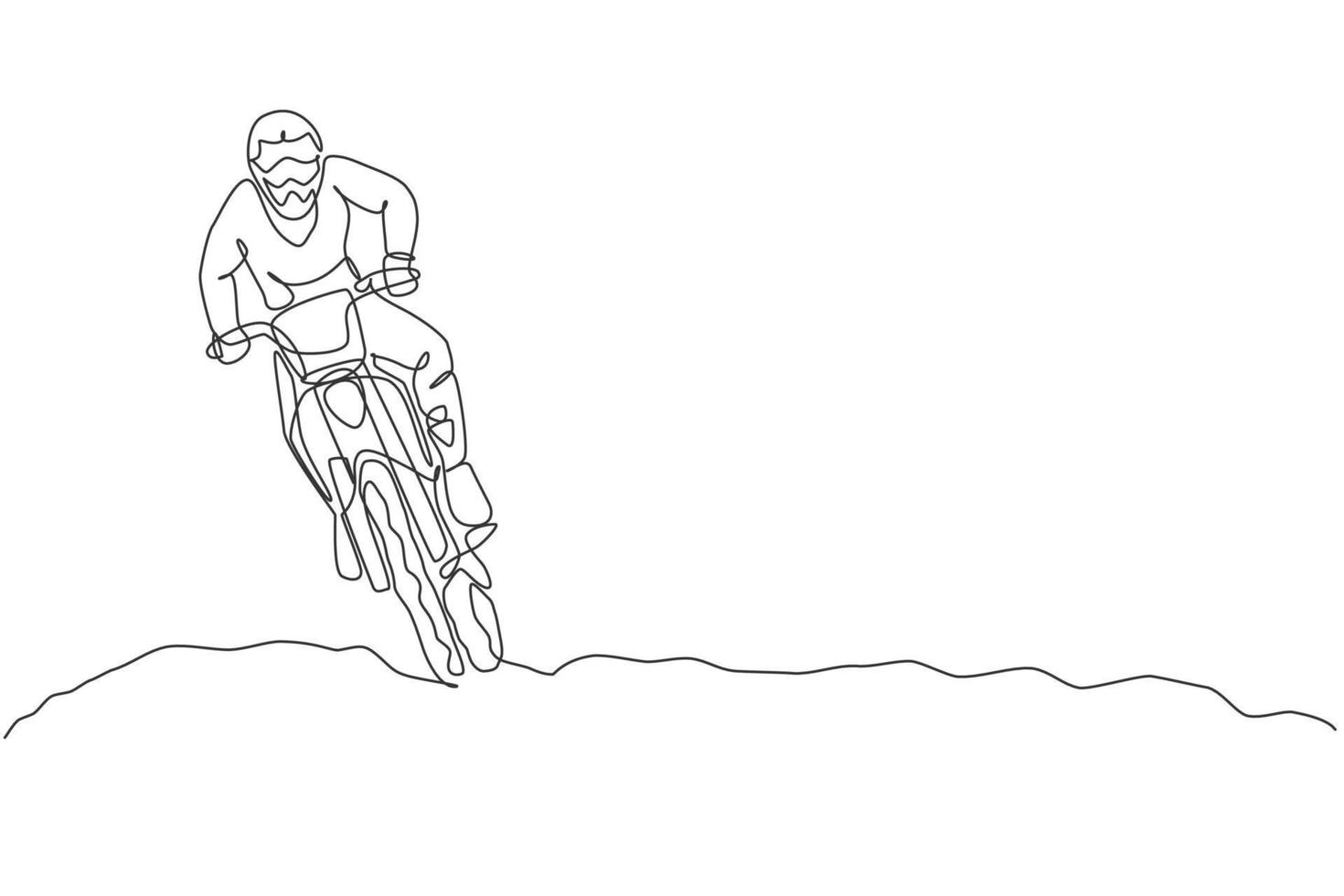 le dessin en ligne continue d'un jeune motocross conduit le vélo si vite sur la piste. illustration vectorielle de concept de course de sport extrême. conception à la mode d'une ligne pour les médias de promotion d'événements de motocross vecteur