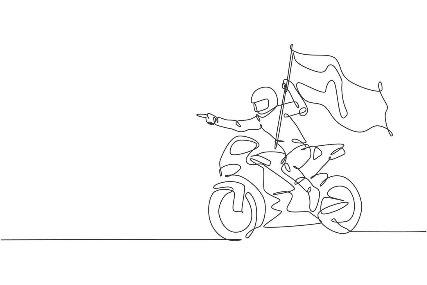 le dessin en ligne continue d'un jeune coureur de superbike agite un drapeau pour célébrer la victoire. concept de tournoi de course. illustration vectorielle de dessin à la mode à une ligne pour les médias de promotion de course de moto vecteur