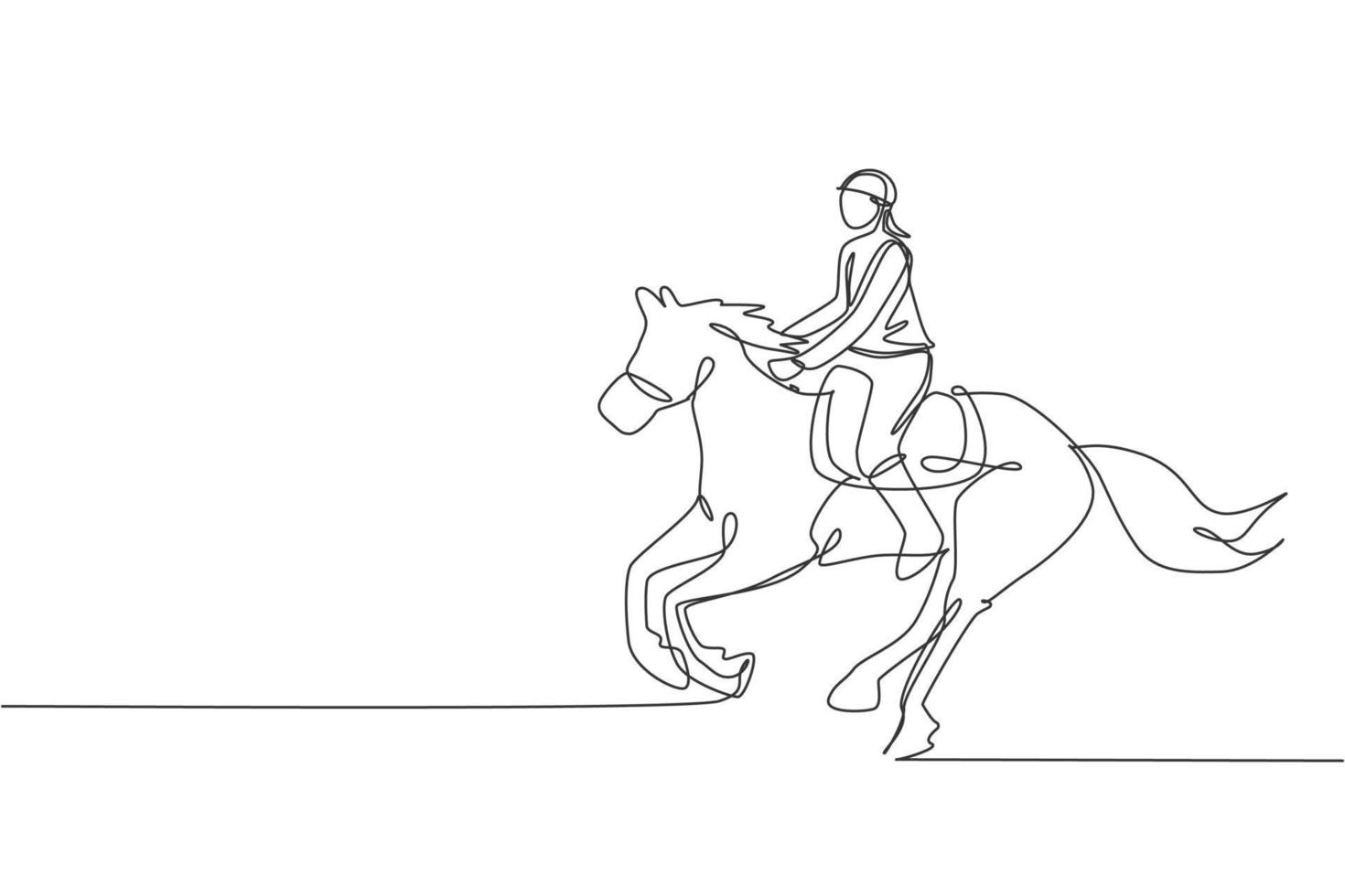 dessin en ligne continue d'un jeune cavalier professionnel courant avec un cheval autour des écuries. concept de processus de formation de sport équestre. illustration vectorielle de conception de dessin à une ligne à la mode vecteur