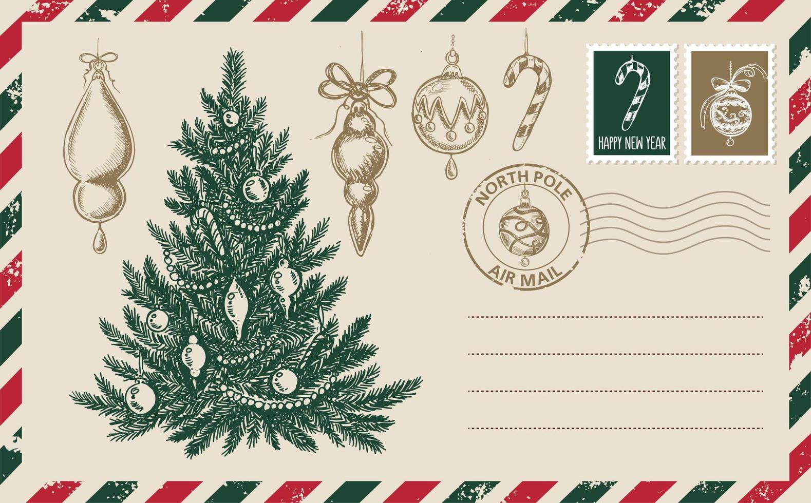 courrier de noël, carte postale, illustration dessinée à la main. vecteur