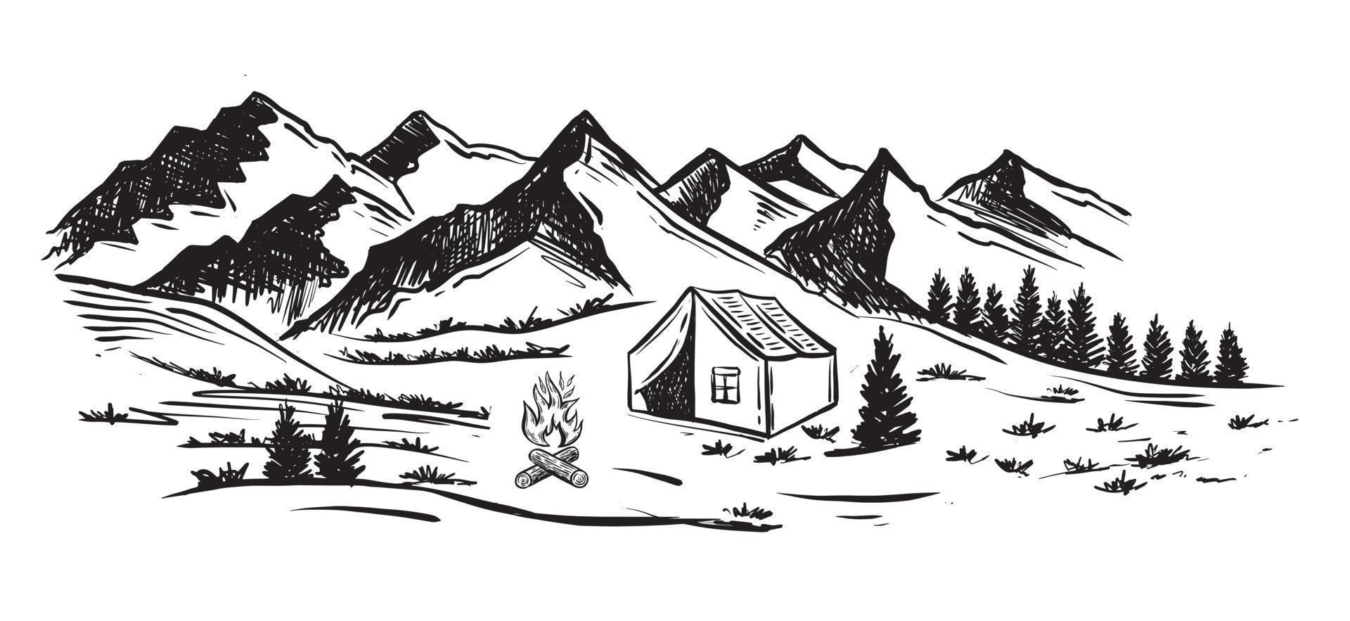 camping dans la nature, paysage de montagne, style de croquis, illustrations vectorielles. vecteur