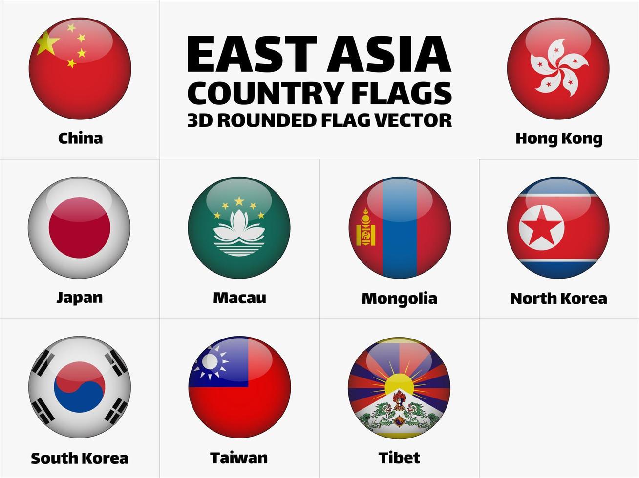 drapeaux de pays d'asie de l'est, vecteur de drapeau arrondi 3d