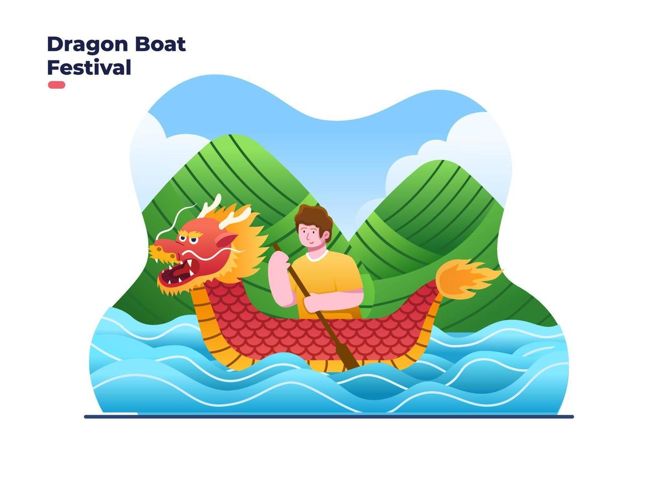 festival des bateaux-dragons avec illustration de fond du mois de boulettes de riz. illustration de dessin animé de bateau dragon asiatique. peut être utilisé pour la carte de voeux, la carte postale, la bannière, l'affiche, l'impression, etc. vecteur