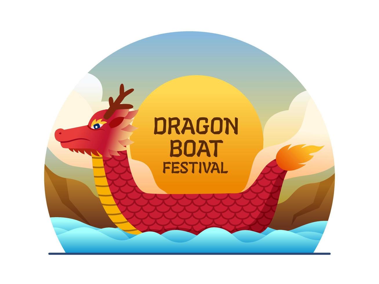 conception de festival de bateaux-dragons heureux avec bateau-dragon de couleur rouge. dessin animé d'illustration du festival duanwu. peut être utilisé pour l'affiche, la carte de voeux, la carte postale, la bannière, l'impression, l'animation, les médias sociaux, etc. vecteur