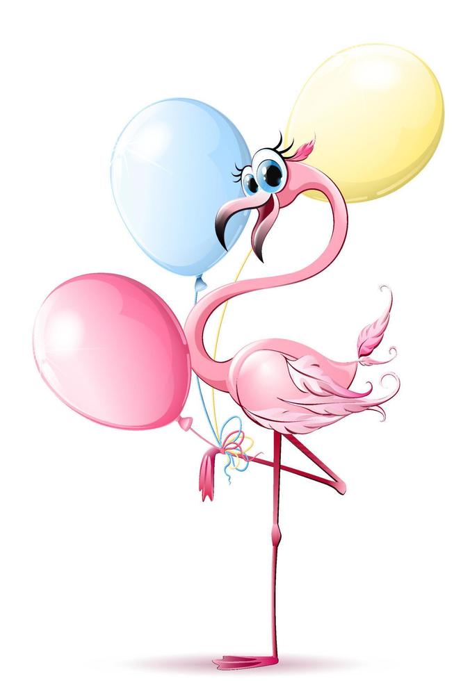 dessin animé mignon flamant rose souriant avec des ballons vecteur