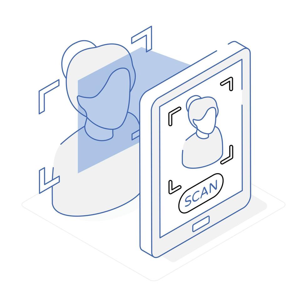 une conception vectorielle modifiable de détection de visage, icône isométrique de contour vecteur