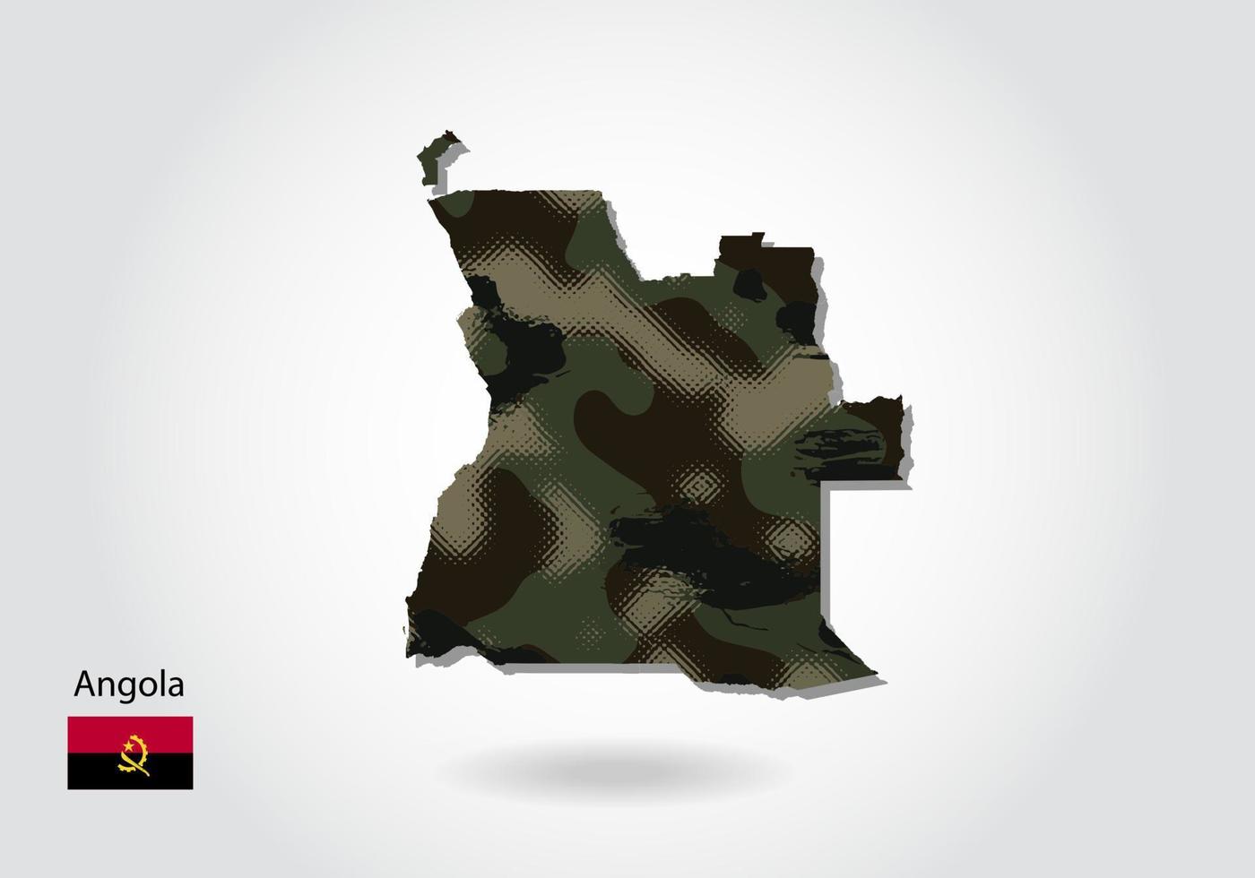 carte de l'angola avec motif camouflage, texture vert forêt sur la carte. concept militaire pour l'armée, le soldat et la guerre. armoiries, drapeau. vecteur