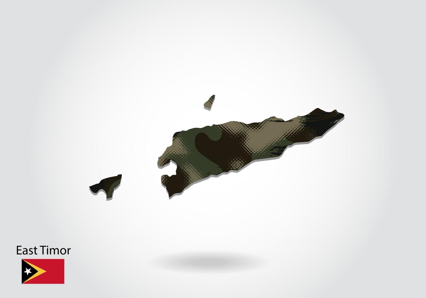 carte du timor oriental avec motif camouflage, forêt - texture verte sur la carte. concept militaire pour l'armée, le soldat et la guerre. armoiries, drapeau. vecteur