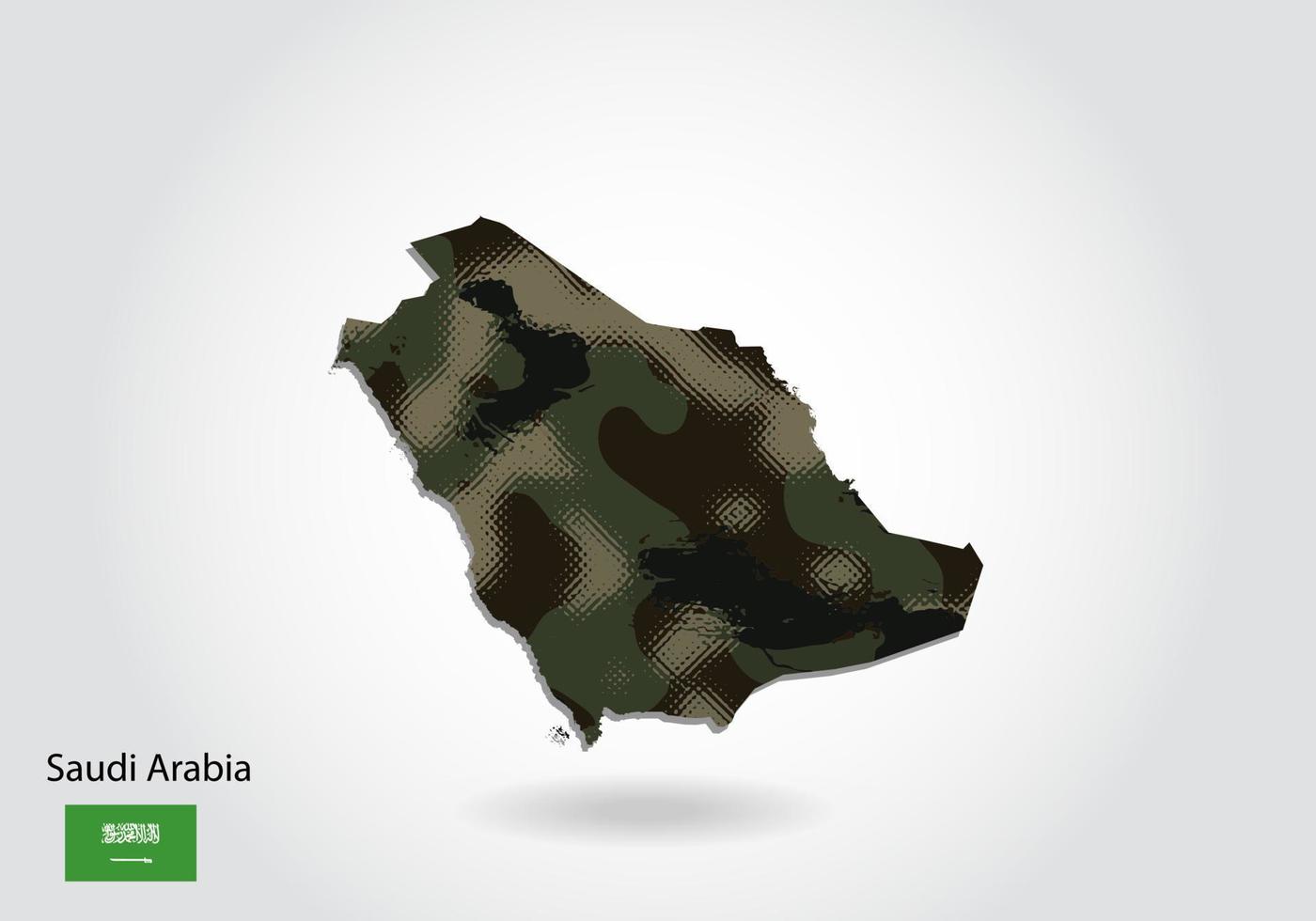 carte de l'arabie saoudite avec motif camouflage, forêt - texture verte sur la carte. concept militaire pour l'armée, le soldat et la guerre. armoiries, drapeau. vecteur