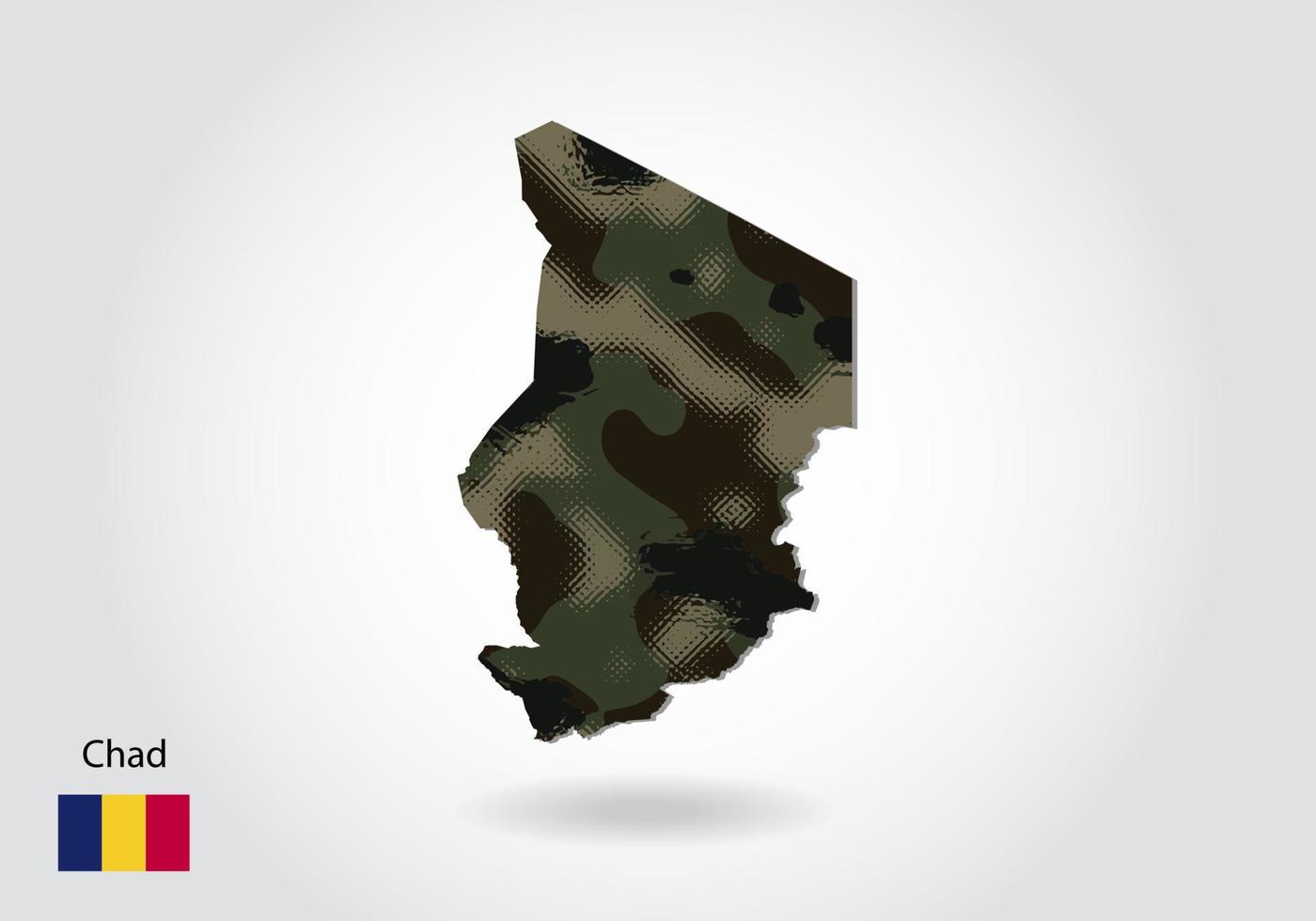 carte du tchad avec motif camouflage, forêt - texture verte sur la carte. concept militaire pour l'armée, le soldat et la guerre. armoiries, drapeau. vecteur