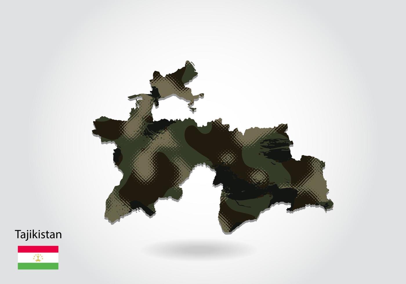 carte du tadjikistan avec motif camouflage, forêt - texture verte sur la carte. concept militaire pour l'armée, le soldat et la guerre. armoiries, drapeau. vecteur