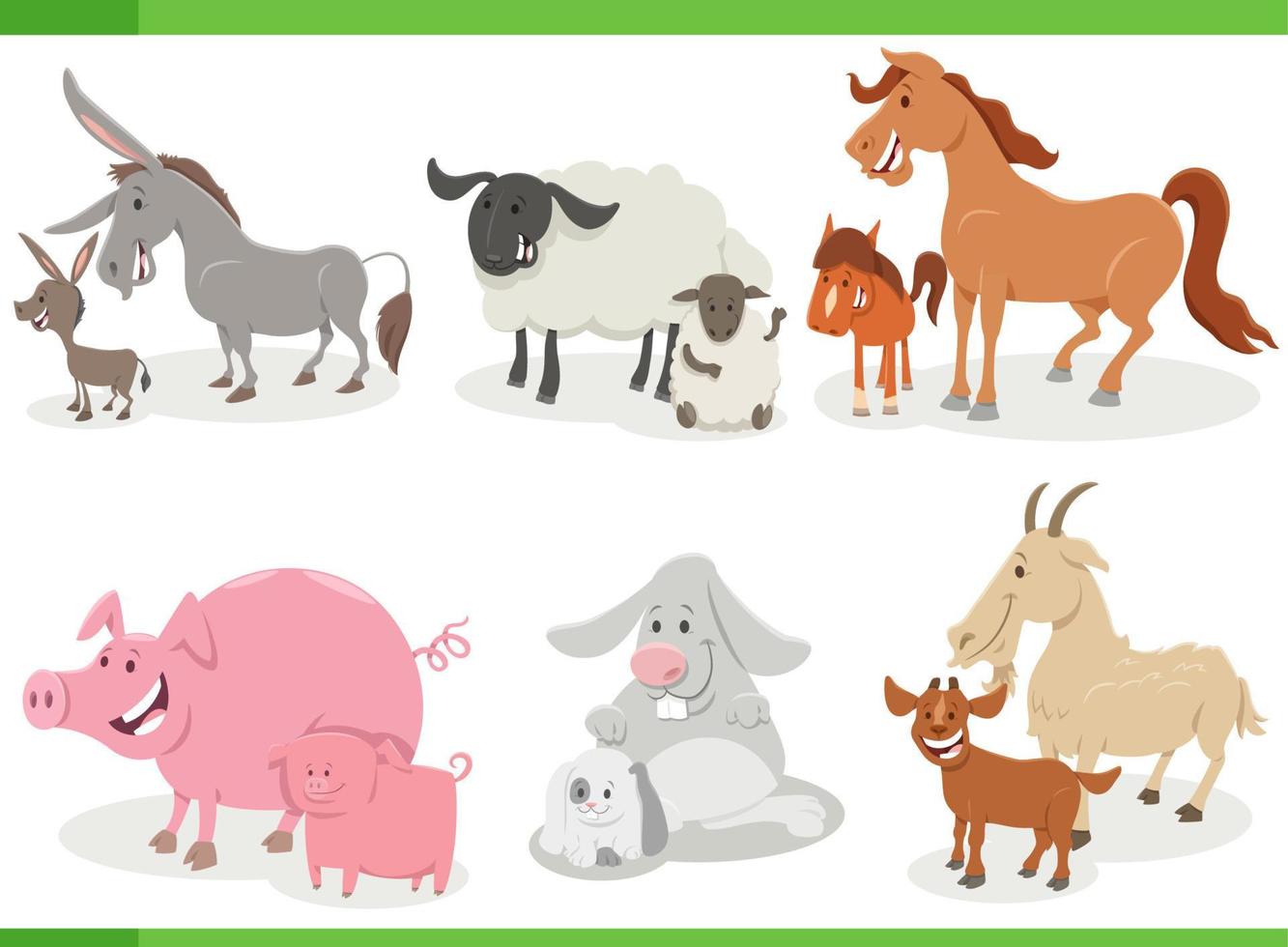 personnages de bandes dessinées d'animaux de ferme de dessin animé avec des bébés vecteur