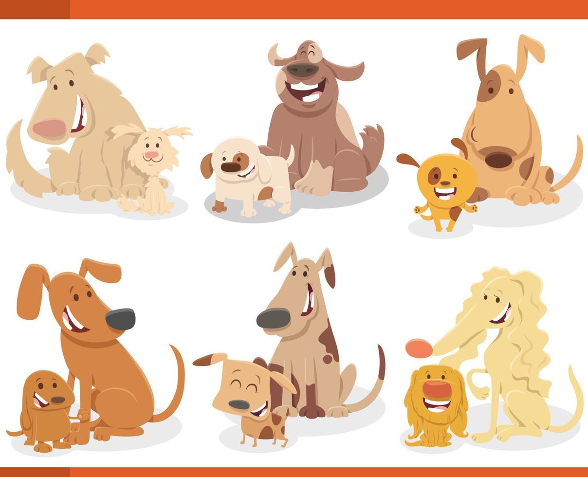 chiens de dessin animé drôles avec jeu de personnages de bandes dessinées de chiots vecteur