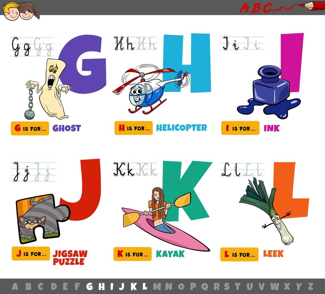 lettres de l'alphabet de dessin animé éducatif pour les enfants de g à l vecteur