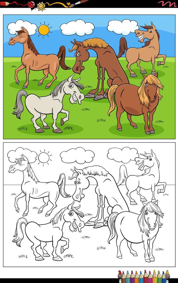 page de livre de coloriage de groupe d'animaux de ferme de chevaux de dessin animé drôle vecteur