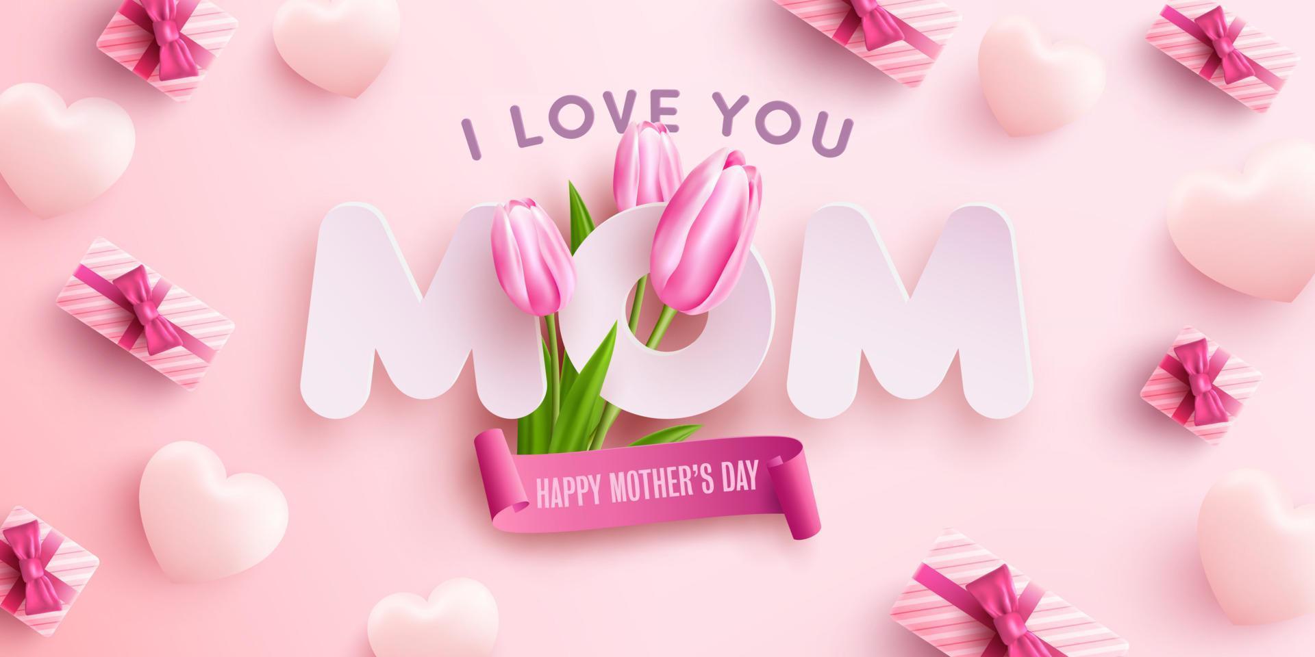affiche ou bannière de la fête des mères avec des coeurs doux, des fleurs et une boîte-cadeau rose sur fond rose vecteur