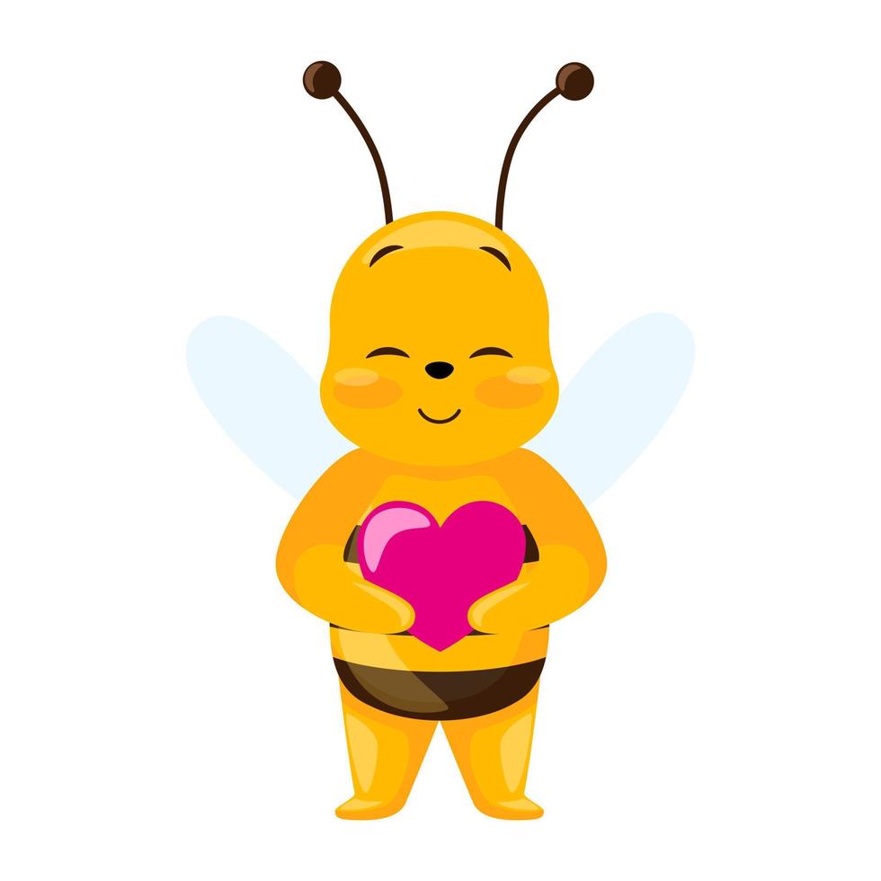 abeille mignonne tenant un coeur dans ses mains isolé sur fond blanc. personnage de dessin animé souriant aimant. vecteur