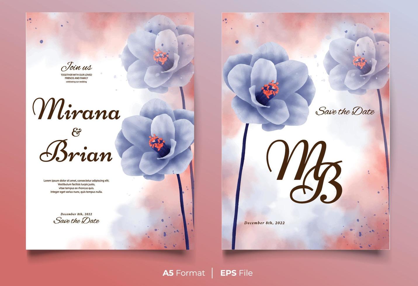 modèle d'invitation de mariage aquarelle avec ornement fleur bleue vecteur