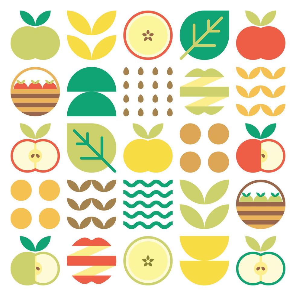 oeuvre abstraite d'icône de pomme. illustration de conception d'un motif de pomme coloré, de feuilles et de symboles géométriques dans un style minimaliste. fruit entier, coupé et fendu. vecteur plat simple sur fond blanc.