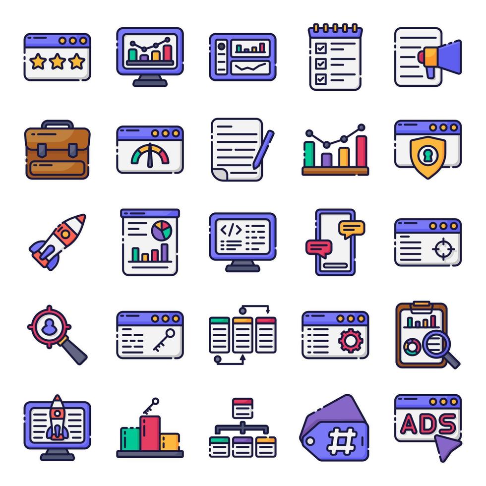 ensemble spécial d'icônes Web de couleur linéaire - référencement, optimisation des moteurs de recherche, marketing. collection d'icônes web en ligne. style d'icônes de contour rempli spécial. vecteur