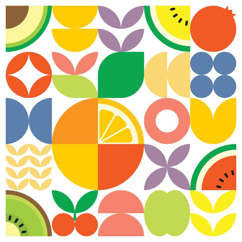 affiche géométrique d'illustration de coupe de fruits frais d'été avec des formes simples colorées. conception de modèle vectoriel abstrait plat dans un style scandinave. illustration minimaliste d'oranges d'agrumes sur fond blanc.