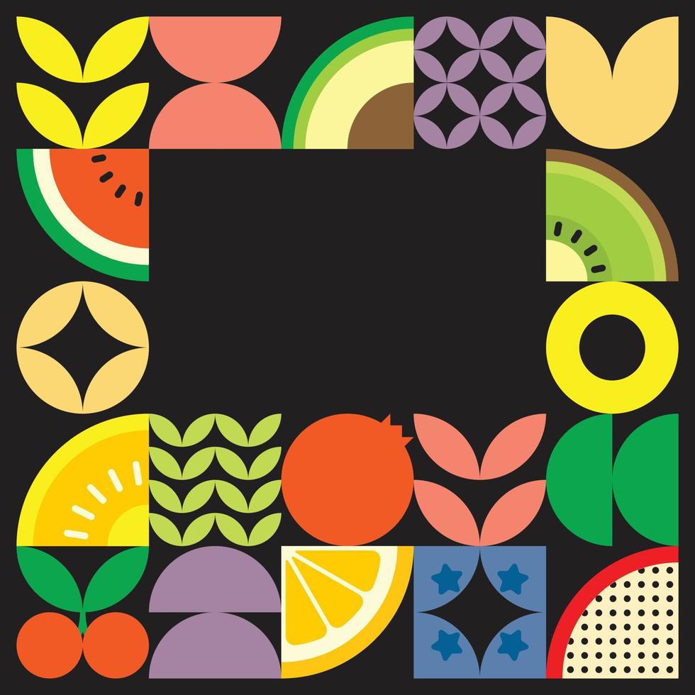 affiche d'illustration géométrique de fruits frais d'été avec des formes simples colorées. motif vectoriel abstrait plat de style scandinave. illustration minimaliste de fruits et de feuilles sur fond noir.