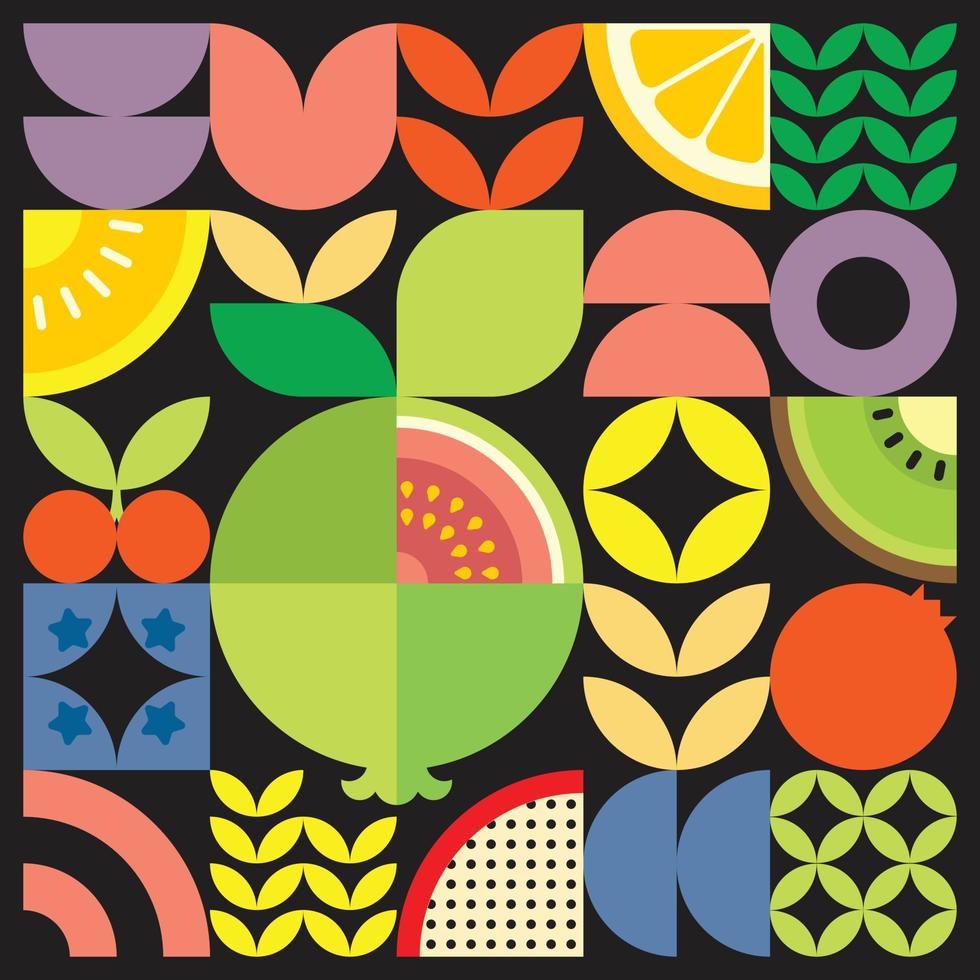 affiche géométrique d'illustration de coupe de fruits frais d'été avec des formes simples colorées. conception de modèle de vecteur abstrait plat de style scandinave. illustration minimaliste d'une goyave rouge sur fond noir.