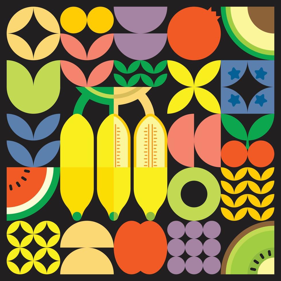 affiche géométrique d'illustration de coupe de fruits frais d'été avec des formes simples colorées. conception de modèle de vecteur abstrait plat de style scandinave. illustration minimaliste d'une banane mûre sur fond noir.