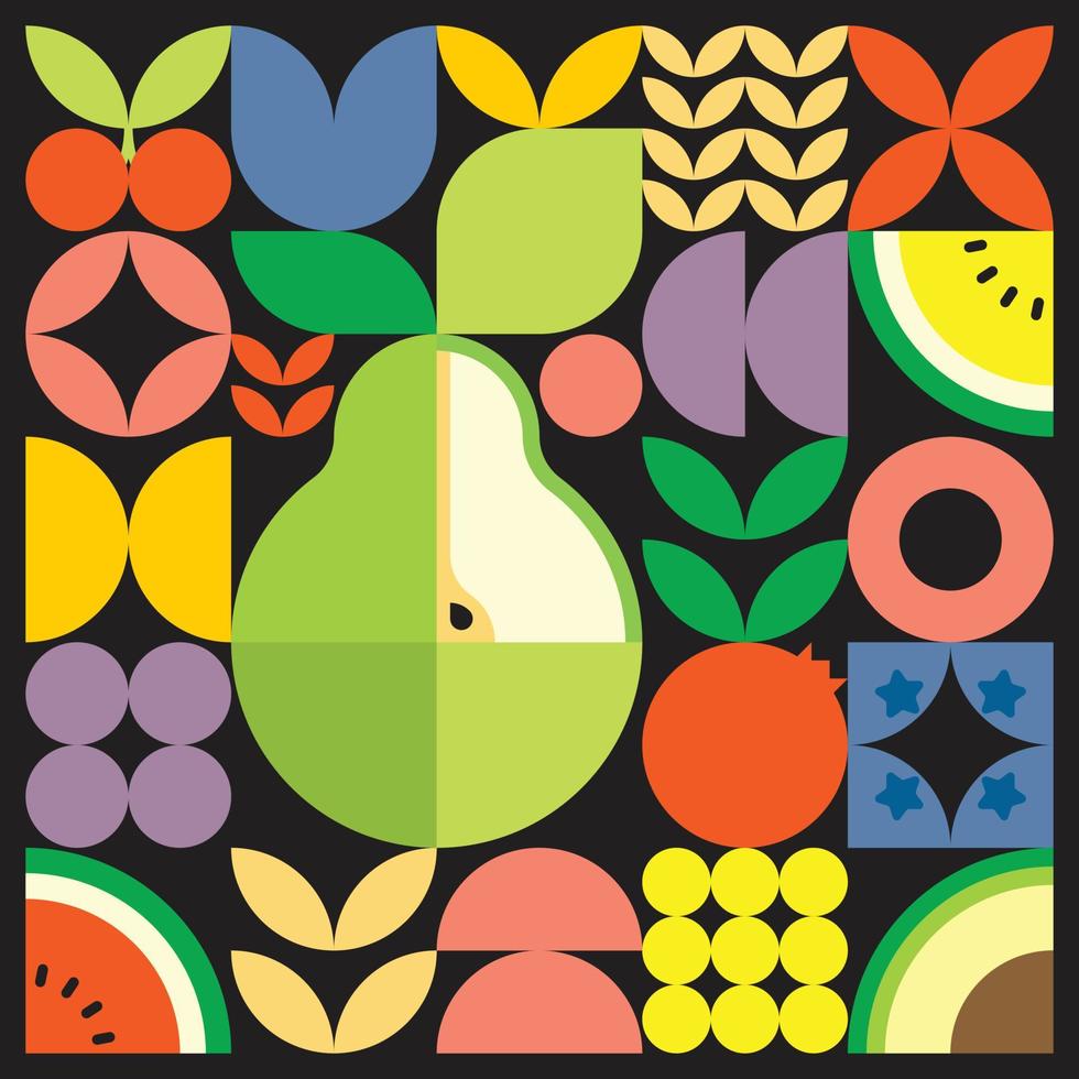 affiche géométrique d'illustration de coupe de fruits frais d'été avec des formes simples colorées. conception de modèle de vecteur abstrait plat de style scandinave. illustration minimaliste d'une poire verte sur fond noir.