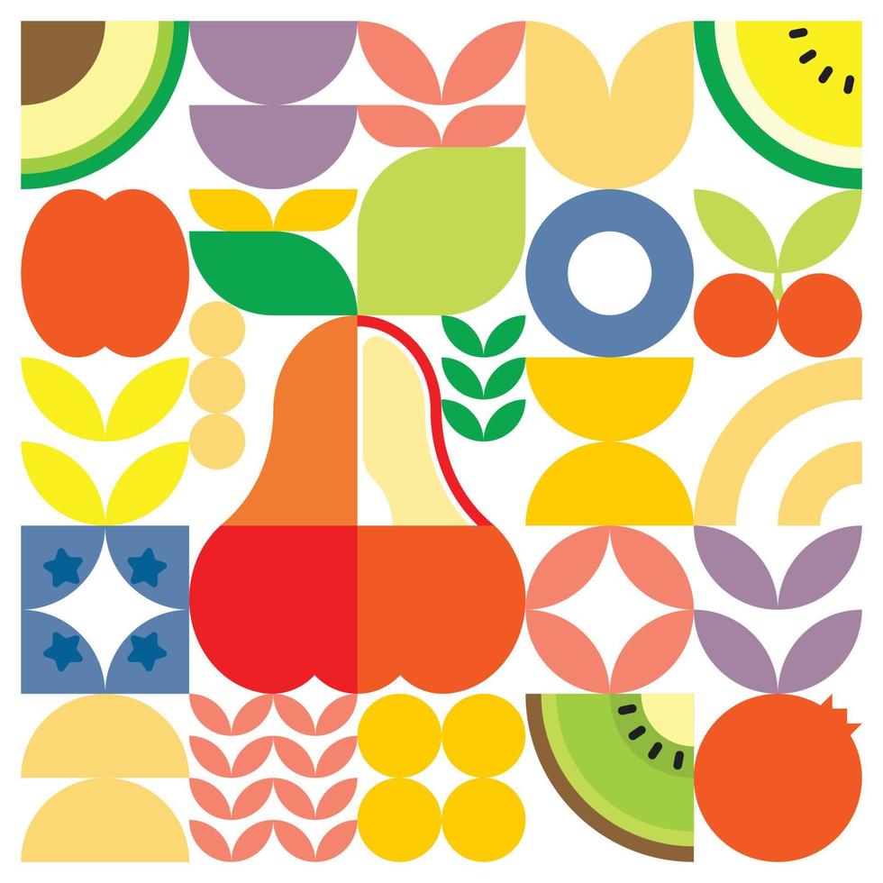 affiche géométrique d'illustration de coupe de fruits frais d'été avec des formes simples colorées. conception de modèle de vecteur abstrait plat de style scandinave. illustration minimaliste d'une pomme d'eau sur fond blanc.