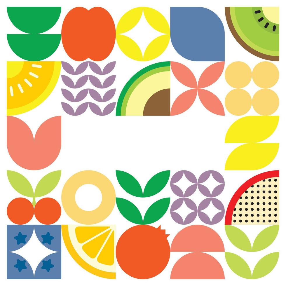 affiche géométrique d'illustration de coupe de fruits frais d'été avec des formes simples colorées. motif vectoriel abstrait plat de style scandinave. illustration minimaliste de fruits et de feuilles sur fond blanc.