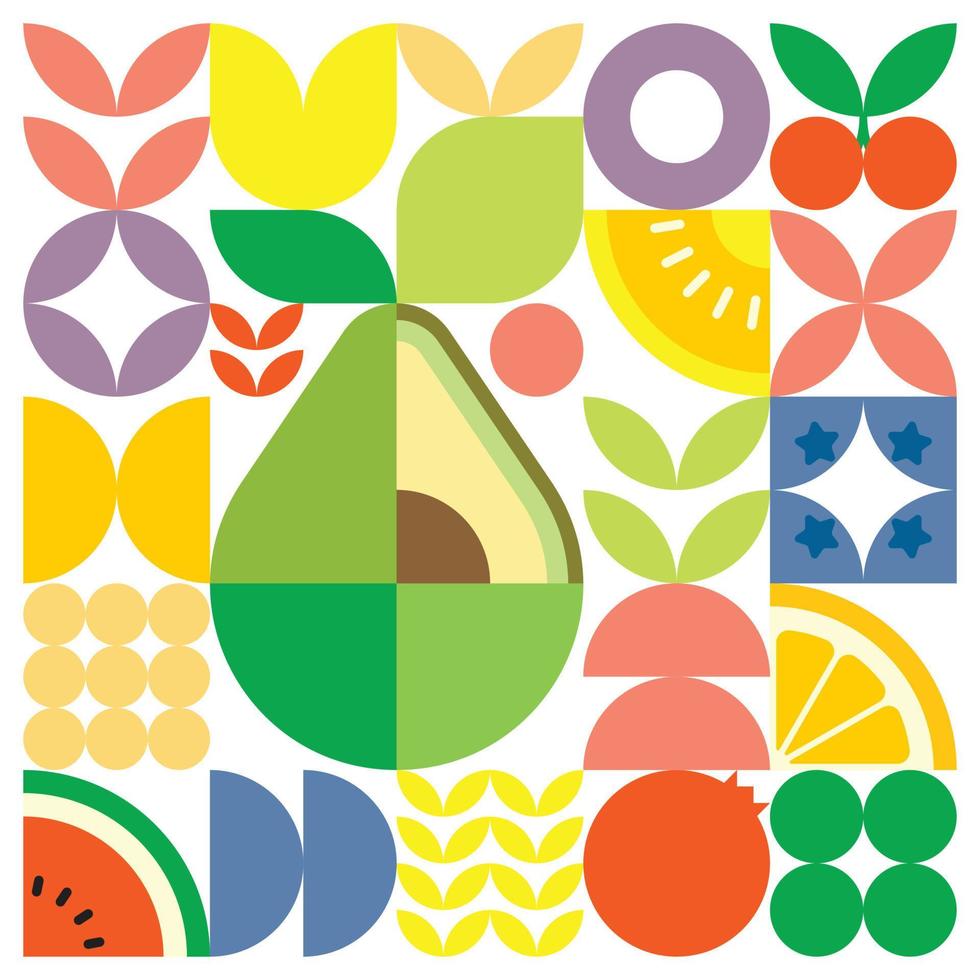 affiche géométrique d'illustration de coupe de fruits frais d'été avec des formes simples colorées. conception de modèle de vecteur abstrait plat de style scandinave. illustration minimaliste d'un avocat sur fond blanc.
