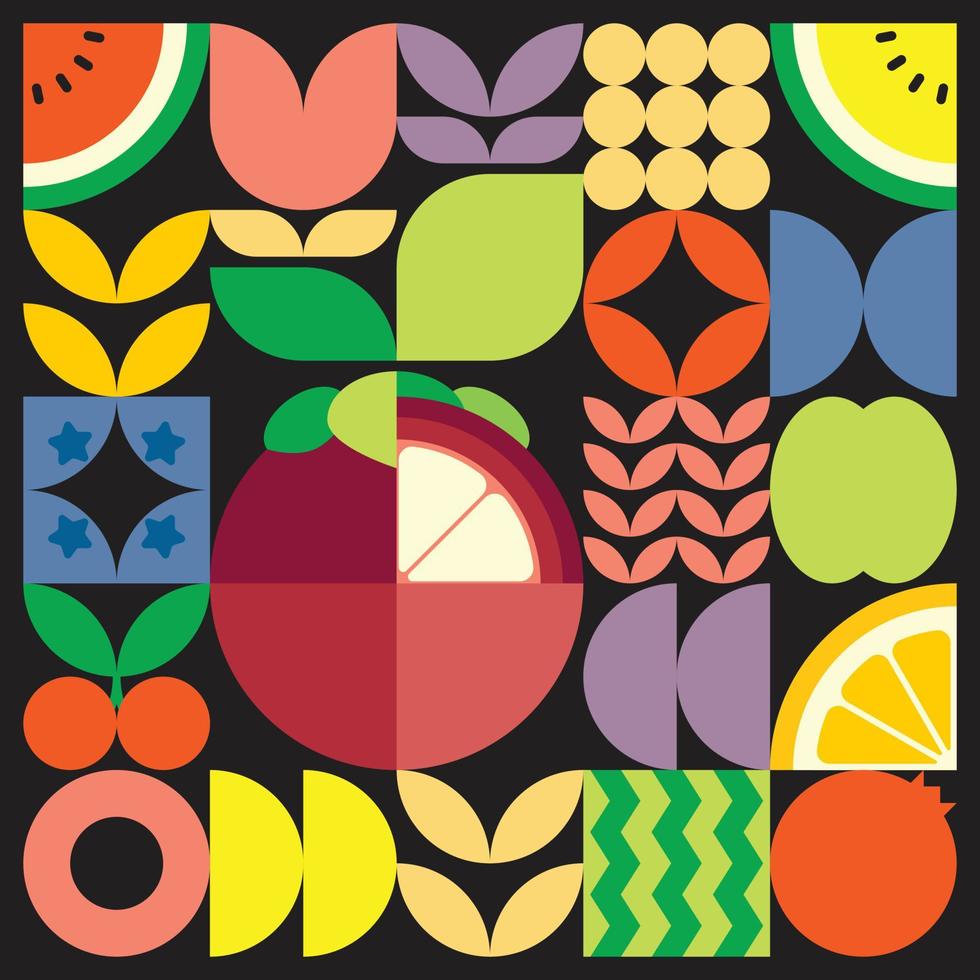 affiche géométrique d'illustration de coupe de fruits frais d'été avec des formes simples colorées. conception de modèle de vecteur abstrait plat de style scandinave. illustration minimaliste d'un mangoustan sur fond noir.