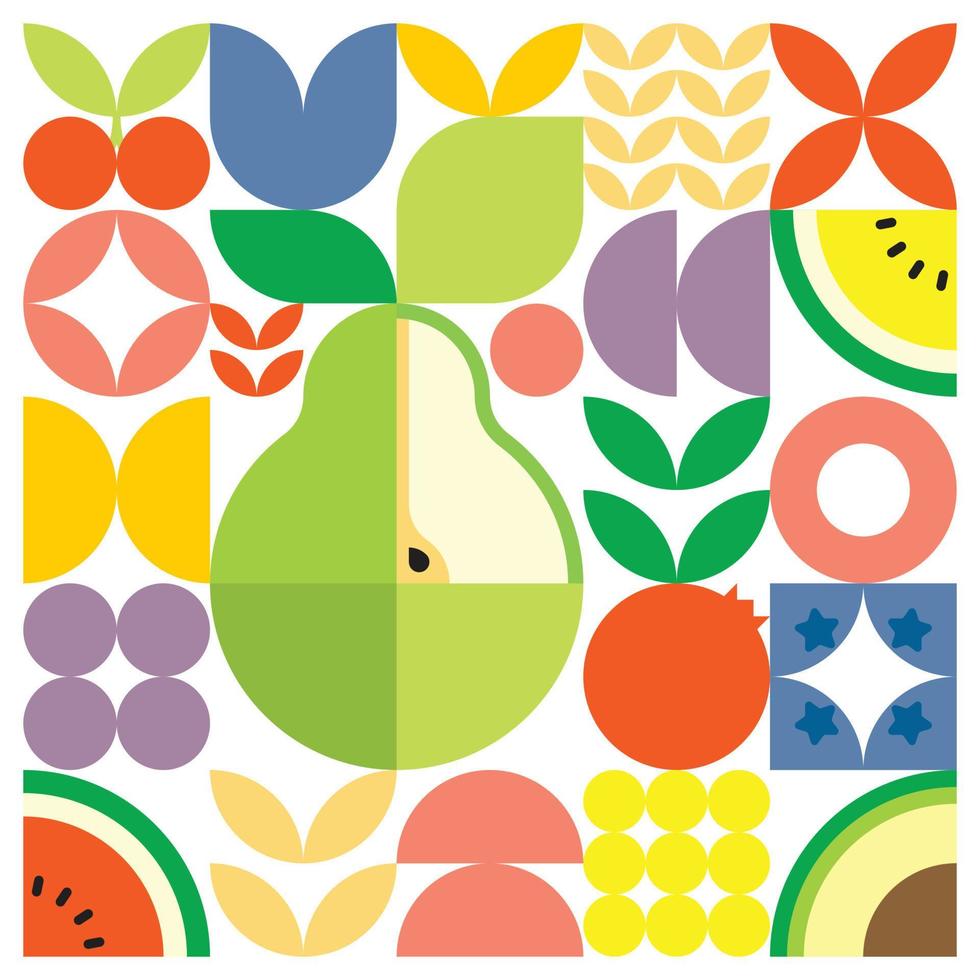 affiche géométrique d'illustration de coupe de fruits frais d'été avec des formes simples colorées. conception de modèle de vecteur abstrait plat de style scandinave. illustration minimaliste d'une poire verte sur fond blanc.